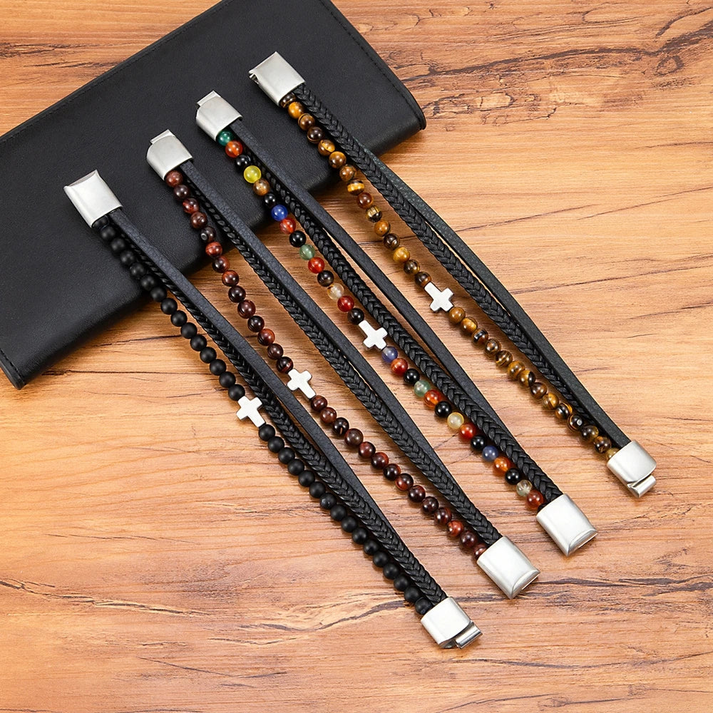 Pulseira Multilayer com Cruz – Couro Multicamadas e Fecho Magnético Masculino