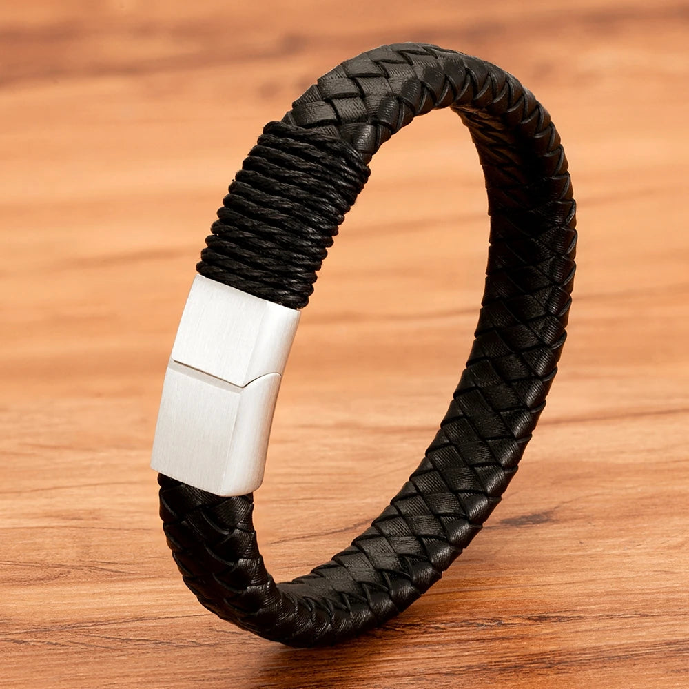 Pulseira Masculina Norba Clássica – Couro Legítimo Trançado à Mão com Aço Inoxidável e Fecho de Gancho