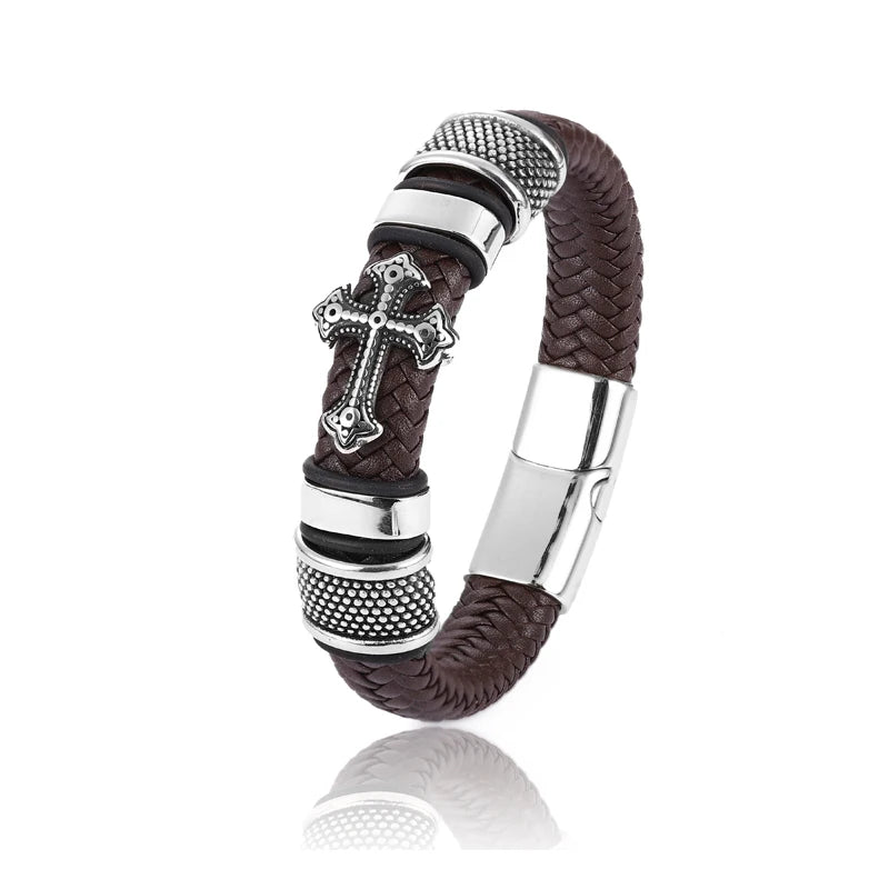 Pulseira Masculina de Couro com Cruz em Aço Inoxidável - Pulseira Trançada Multicamadas com Charme Chakra