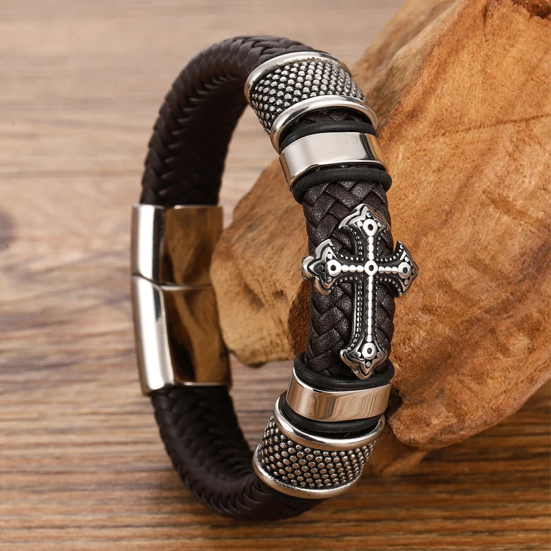 Pulseira Masculina de Couro com Cruz em Aço Inoxidável - Pulseira Trançada Multicamadas com Charme Chakra