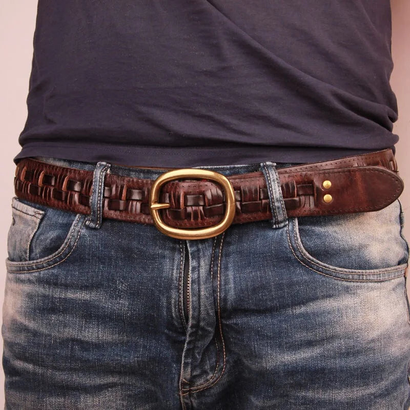 Cinto Clunia Luxo Vintage – Couro Trançado Artesanal com Fivela de Cobre Masculino