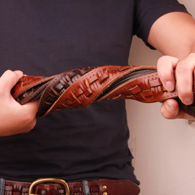Cinto Clunia Luxo Vintage – Couro Trançado Artesanal com Fivela de Cobre Masculino