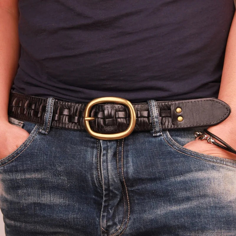 Cinto Clunia Luxo Vintage – Couro Trançado Artesanal com Fivela de Cobre Masculino