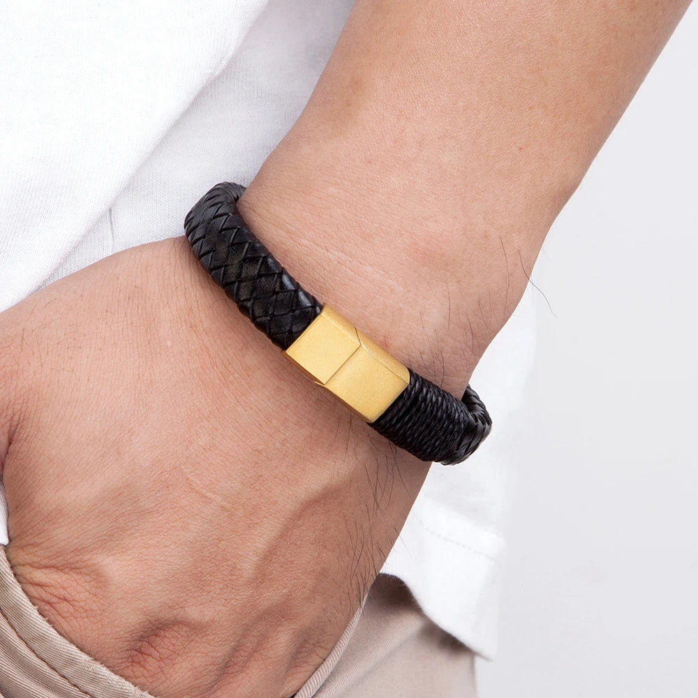 Pulseira Masculina Norba Clássica – Couro Legítimo Trançado à Mão com Aço Inoxidável e Fecho de Gancho