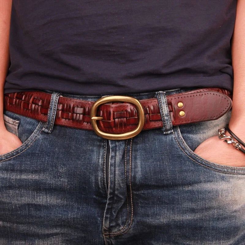 Cinto Clunia Luxo Vintage – Couro Trançado Artesanal com Fivela de Cobre Masculino
