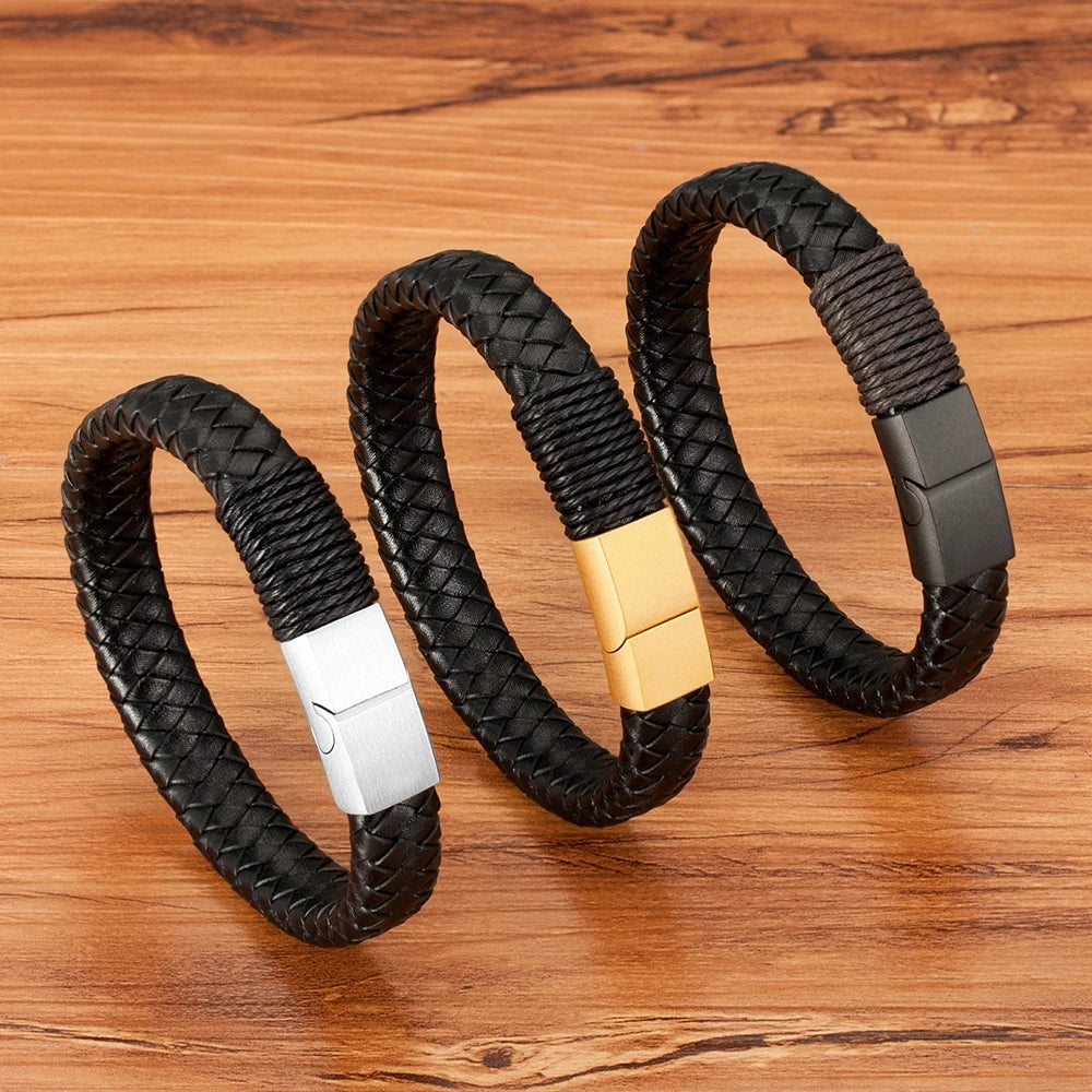 Pulseira Masculina Norba Clássica – Couro Legítimo Trançado à Mão com Aço Inoxidável e Fecho de Gancho