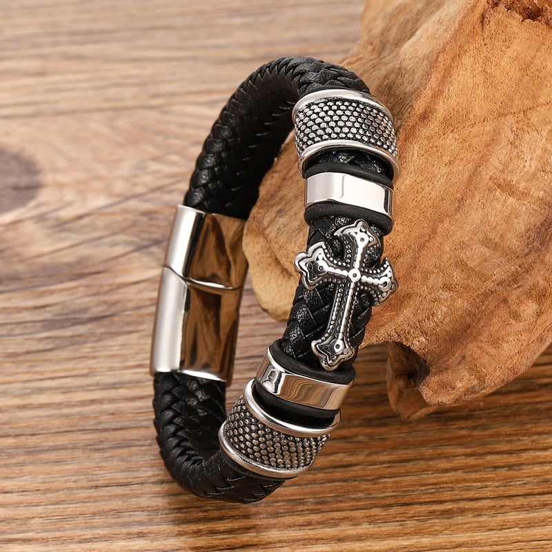 Pulseira Masculina de Couro com Cruz em Aço Inoxidável - Pulseira Trançada Multicamadas com Charme Chakra