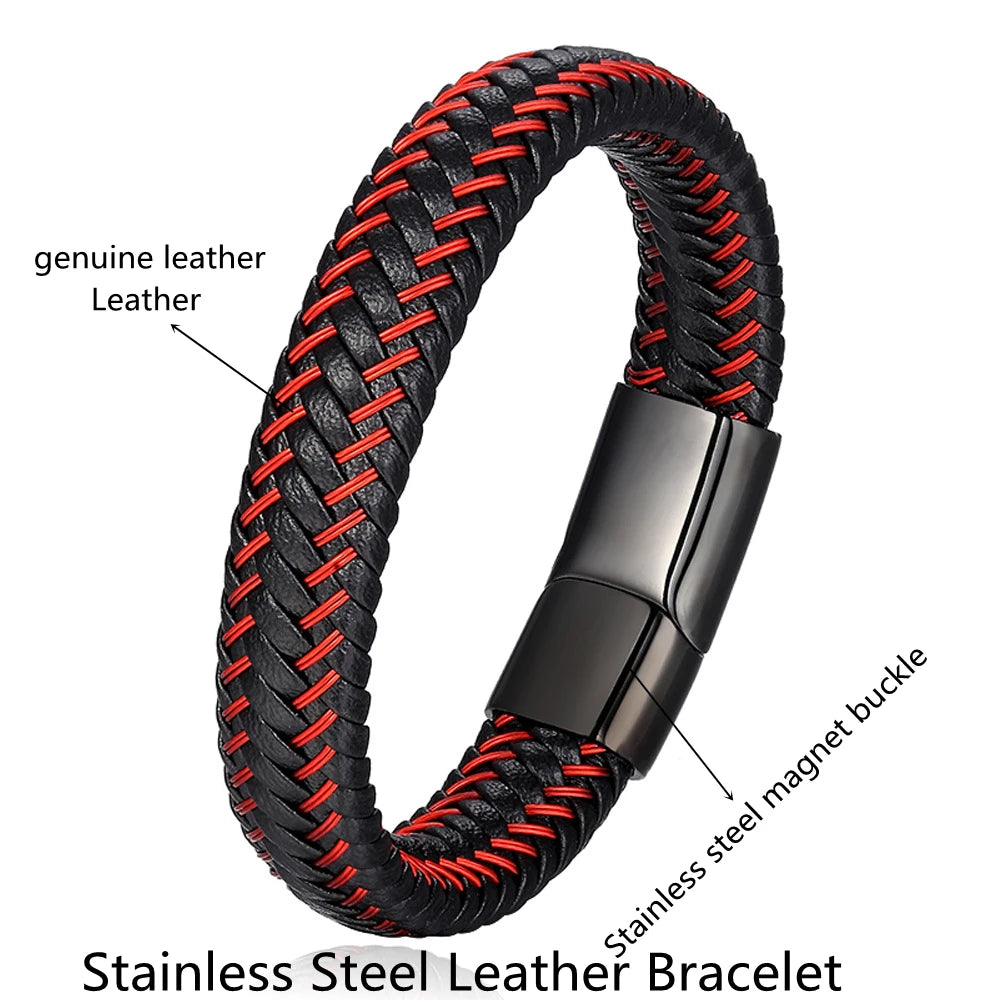 Pulseira Masculina de Couro Trançado com Aço Inoxidável Coral - Design Elegante e Moderno