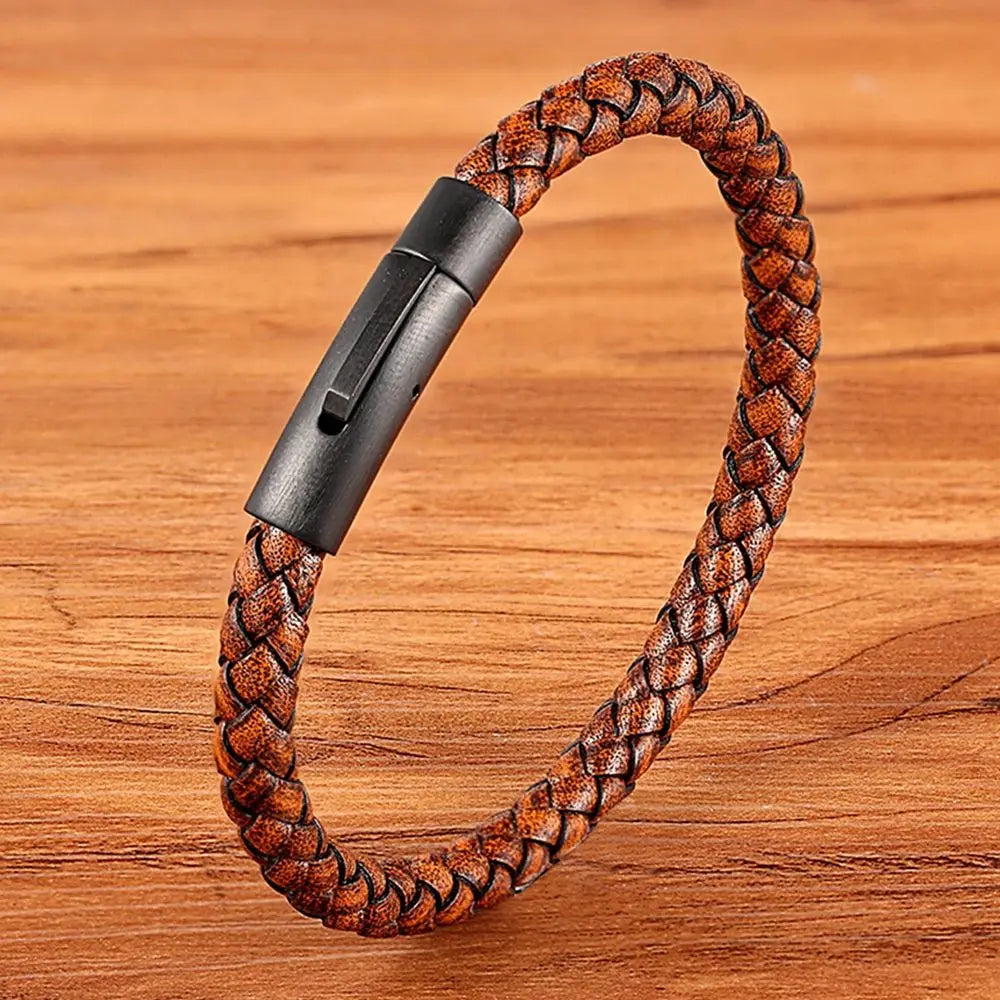 Pulseira Masculina de Couro com Botão de Aço Inoxidável - Estilo Clássico e Simples