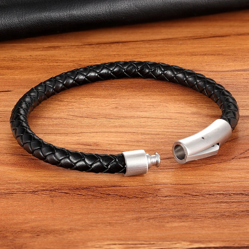 Pulseira Masculina de Couro com Botão de Aço Inoxidável - Estilo Clássico e Simples