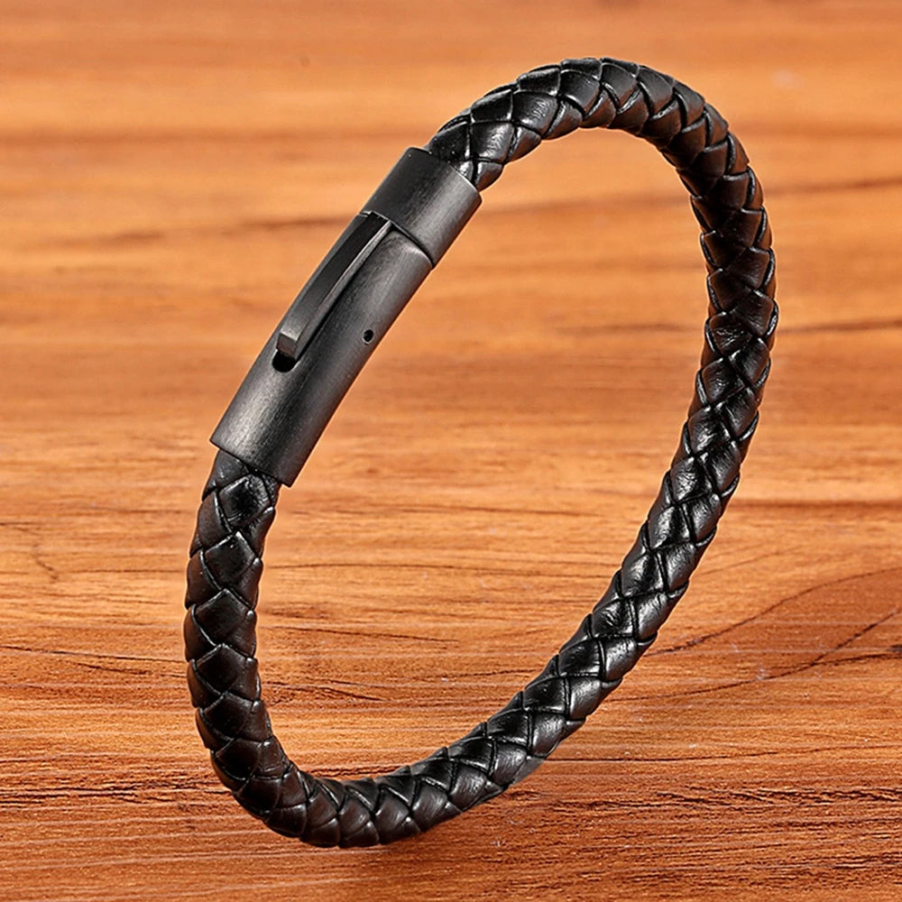 Pulseira Masculina de Couro com Botão de Aço Inoxidável - Estilo Clássico e Simples