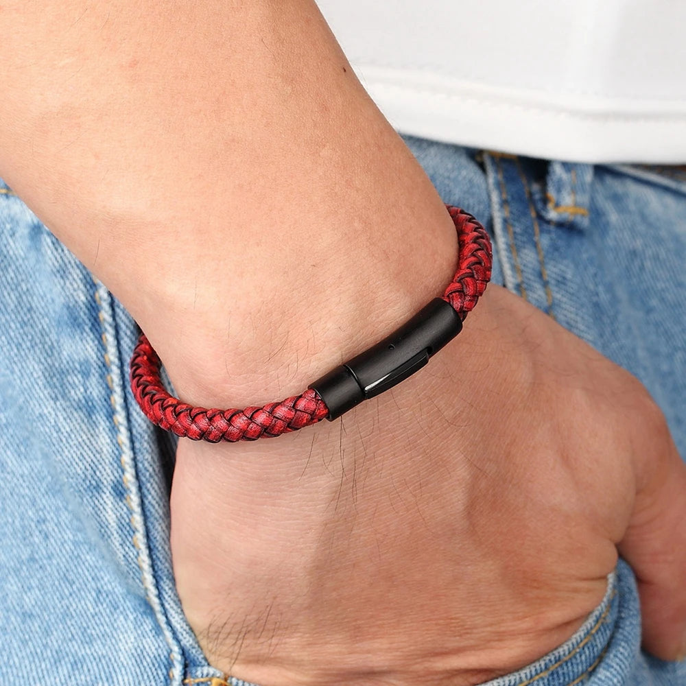 Pulseira Masculina de Couro com Botão de Aço Inoxidável - Estilo Clássico e Simples