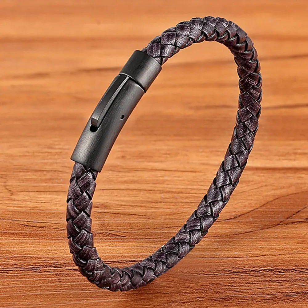 Pulseira Masculina de Couro com Botão de Aço Inoxidável - Estilo Clássico e Simples