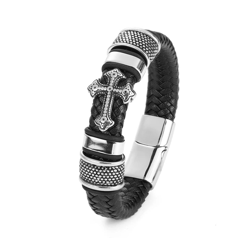 Pulseira Masculina de Couro com Cruz em Aço Inoxidável - Pulseira Trançada Multicamadas com Charme Chakra