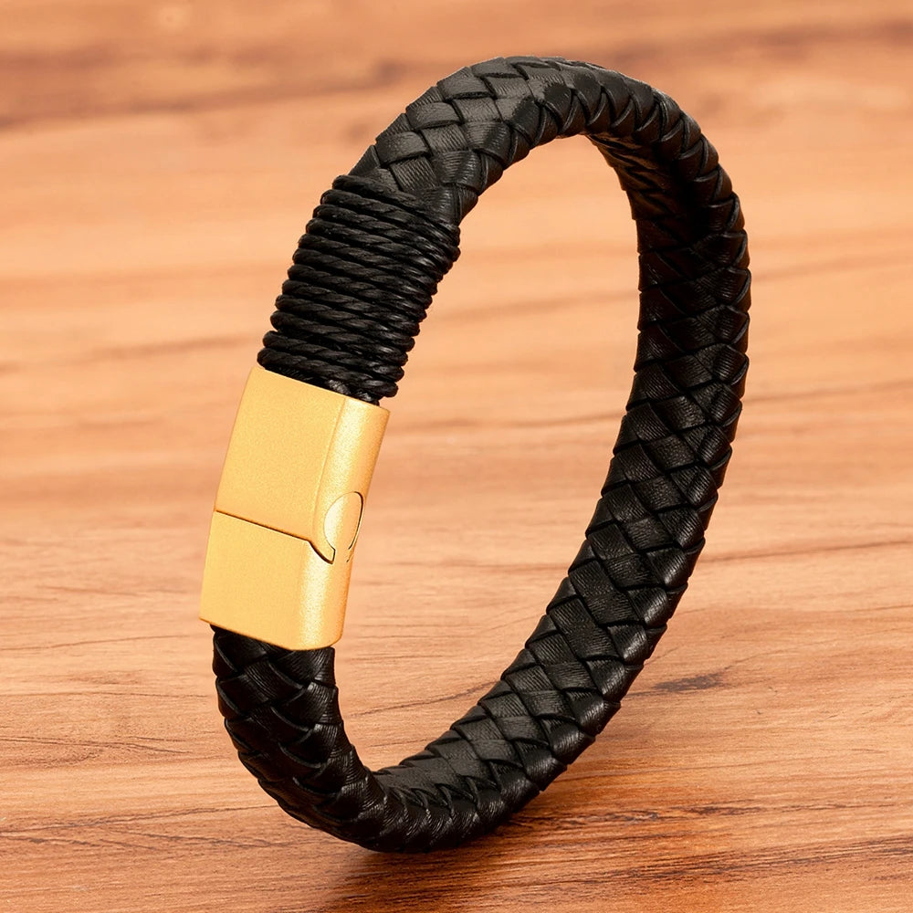 Pulseira Masculina Norba Clássica – Couro Legítimo Trançado à Mão com Aço Inoxidável e Fecho de Gancho