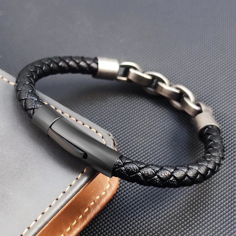 Pulseira Masculina Bilbilis Clássica – Couro com Aço Inoxidável e Fecho Duplo de Segurança