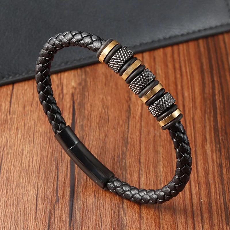 Pulseira Masculina Baetulo – Couro Trançado com Aço Inoxidável e Fecho Magnético Estilo Moderno