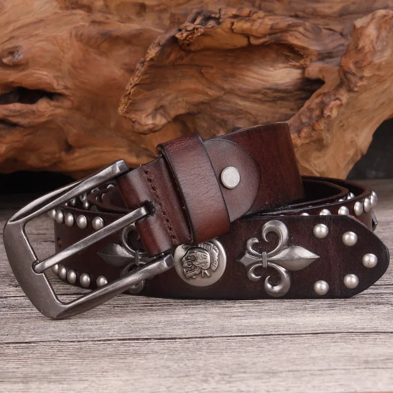 Cinto Cowboy Punk Masculino – Couro Legítimo com Rebites de Metal para Jeans