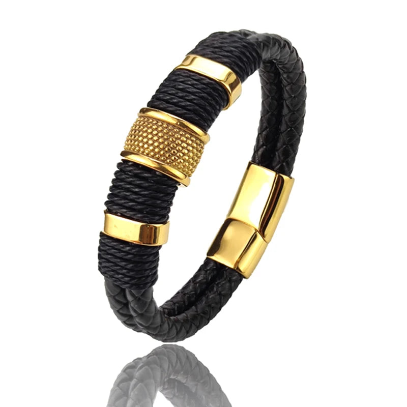 Pulseira Masculina Olisipo Punk – Couro Marrom com Aço Inoxidável 316L e Fecho Duplo de Segurança