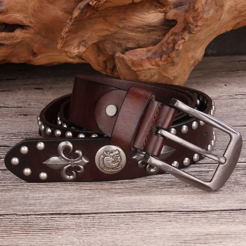 Cinto Cowboy Punk Masculino – Couro Legítimo com Rebites de Metal para Jeans