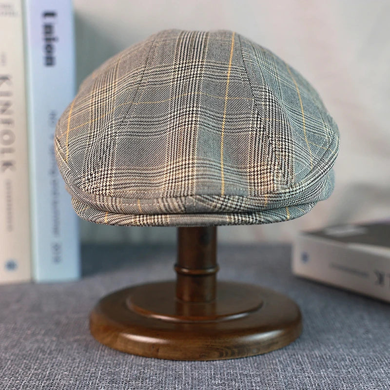 Boina de Linho e Algodão Xadrez Cinza Viterbo  - Estilo Gatsby Vintage, Flat Cap