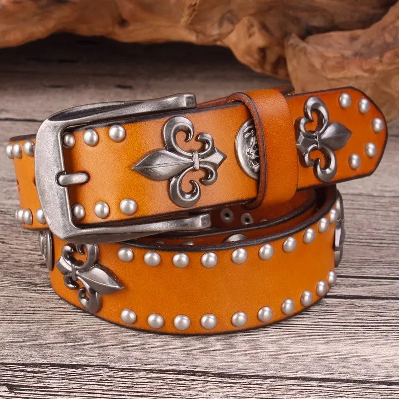 Cinto Cowboy Punk Masculino – Couro Legítimo com Rebites de Metal para Jeans