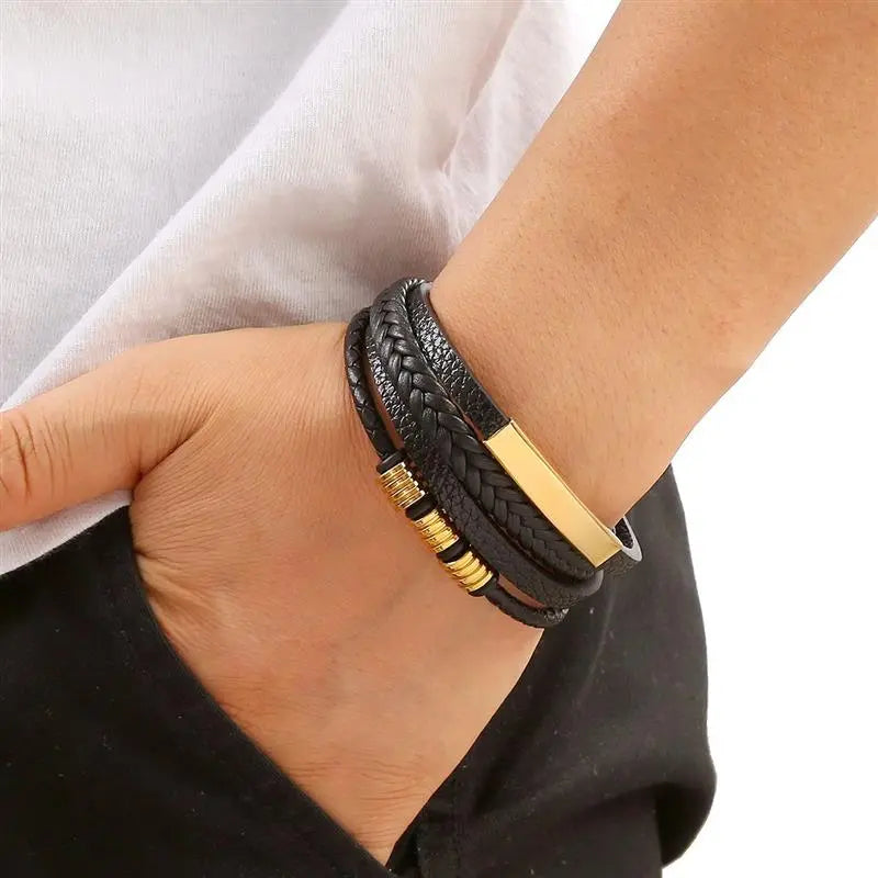 Pulseira Masculina de Couro Clássica Safety - Acessório Fashion com Design Trançado e Camadas Múltiplas