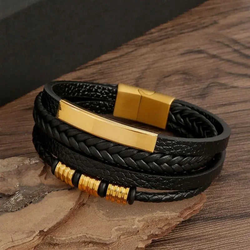 Pulseira Masculina de Couro Clássica Safety - Acessório Fashion com Design Trançado e Camadas Múltiplas
