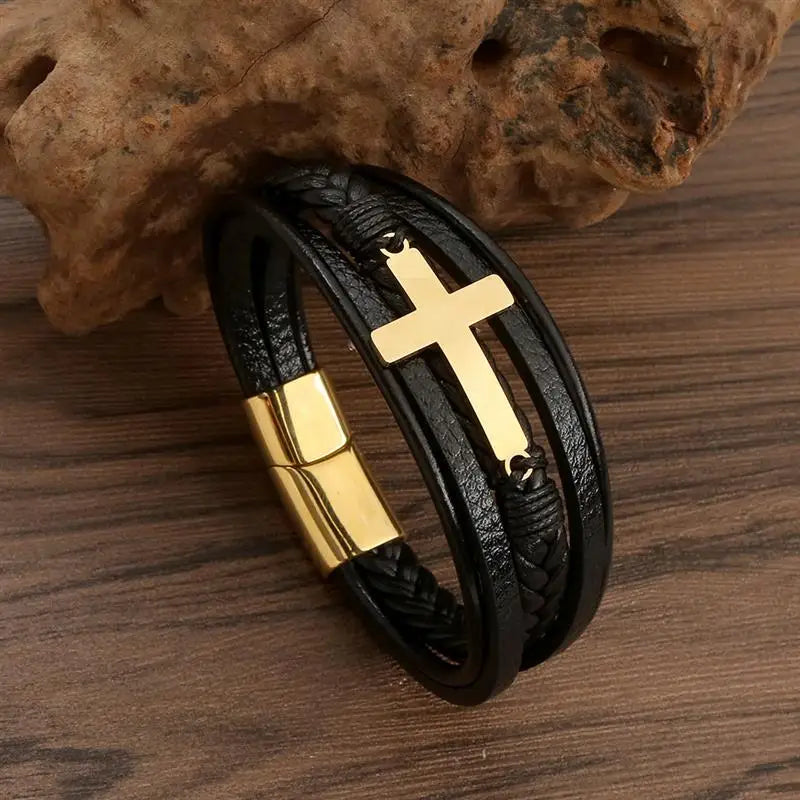 Pulseira Masculina Faith – Couro com Aço Inoxidável e Fecho de Gancho Estilo Clássico Redondo