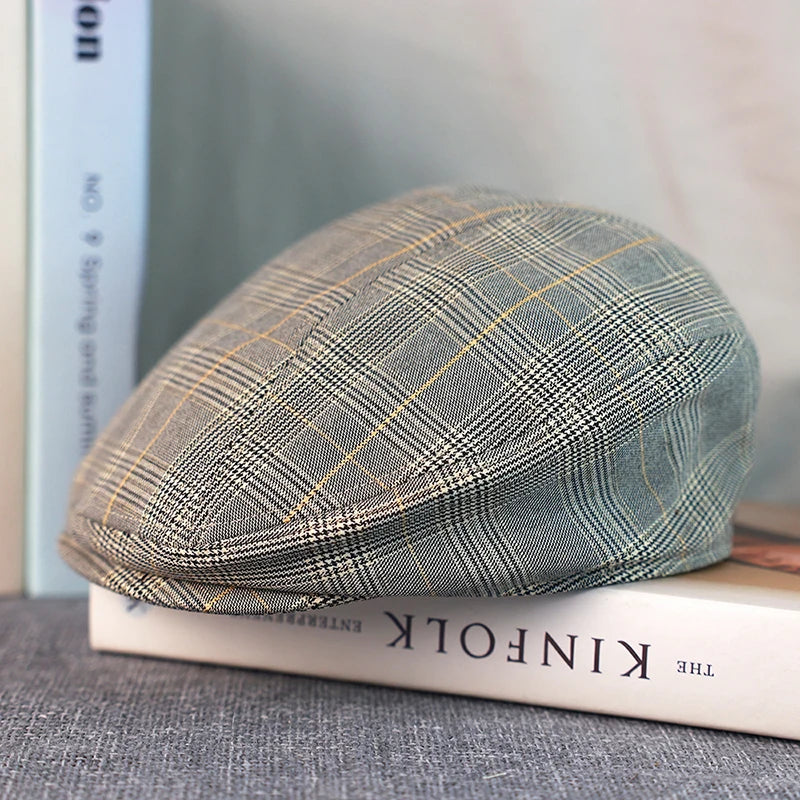 Boina de Linho e Algodão Xadrez Cinza Viterbo  - Estilo Gatsby Vintage, Flat Cap