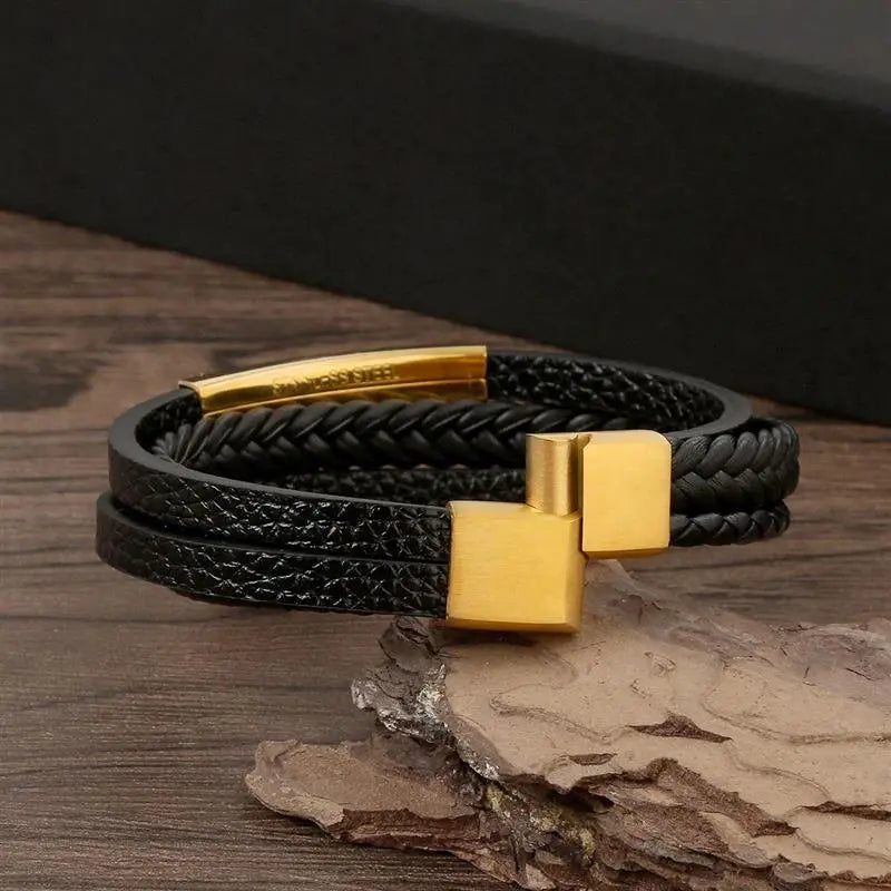 Pulseira Masculina de Couro Clássica Safety - Acessório Fashion com Design Trançado e Camadas Múltiplas