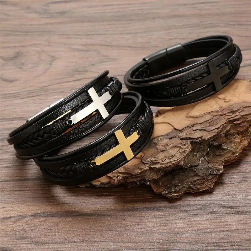 Pulseira Masculina Faith – Couro com Aço Inoxidável e Fecho de Gancho Estilo Clássico Redondo