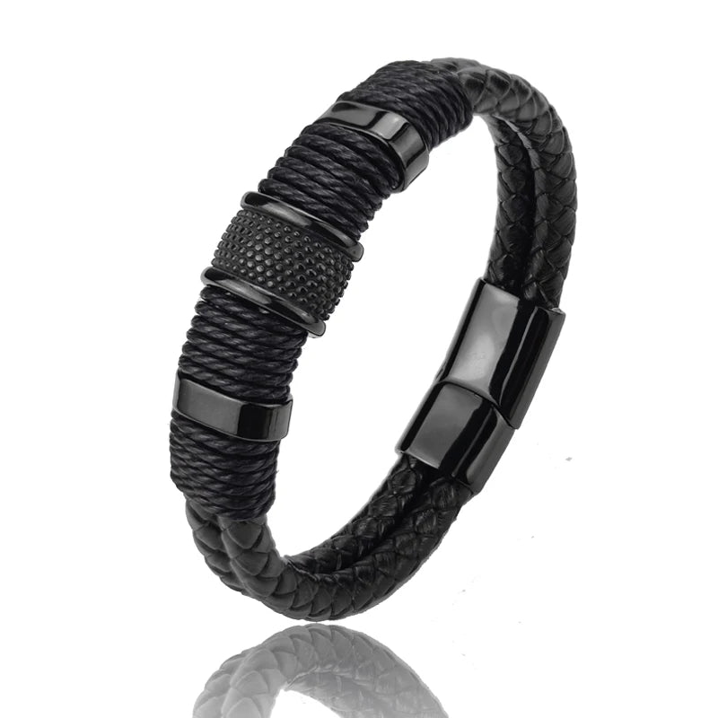 Pulseira Masculina Olisipo Punk – Couro Marrom com Aço Inoxidável 316L e Fecho Duplo de Segurança