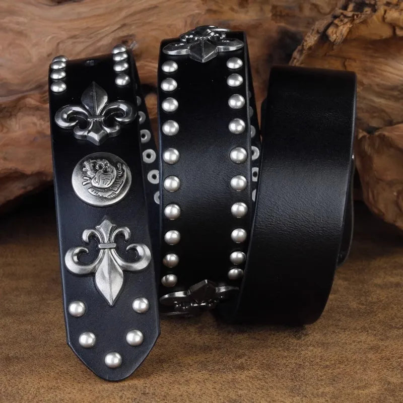 Cinto Cowboy Punk Masculino – Couro Legítimo com Rebites de Metal para Jeans