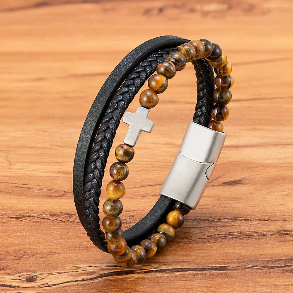 Pulseira Multilayer com Cruz – Couro Multicamadas e Fecho Magnético Masculino
