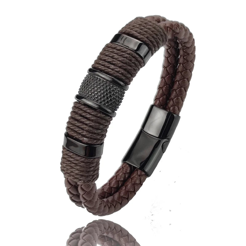 Pulseira Masculina Olisipo Punk – Couro Marrom com Aço Inoxidável 316L e Fecho Duplo de Segurança
