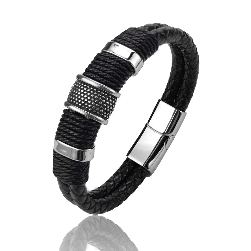 Pulseira Masculina Olisipo Punk – Couro Marrom com Aço Inoxidável 316L e Fecho Duplo de Segurança