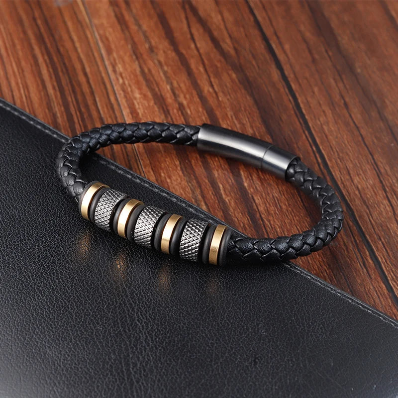Pulseira Masculina Baetulo – Couro Trançado com Aço Inoxidável e Fecho Magnético Estilo Moderno