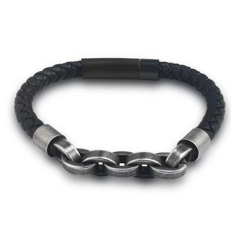 Pulseira Masculina Bilbilis Clássica – Couro com Aço Inoxidável e Fecho Duplo de Segurança