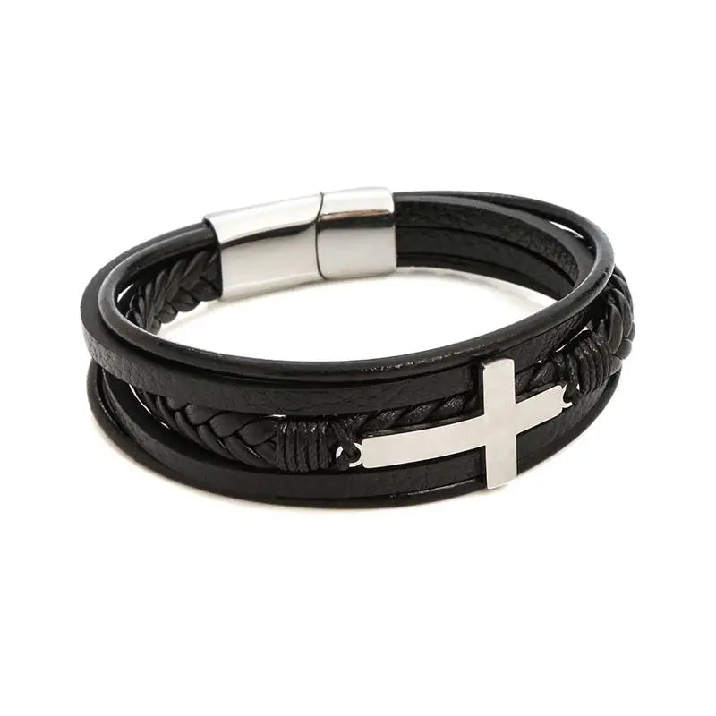Pulseira Masculina Faith – Couro com Aço Inoxidável e Fecho de Gancho Estilo Clássico Redondo