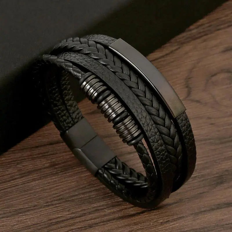Pulseira Masculina de Couro Clássica Safety - Acessório Fashion com Design Trançado e Camadas Múltiplas
