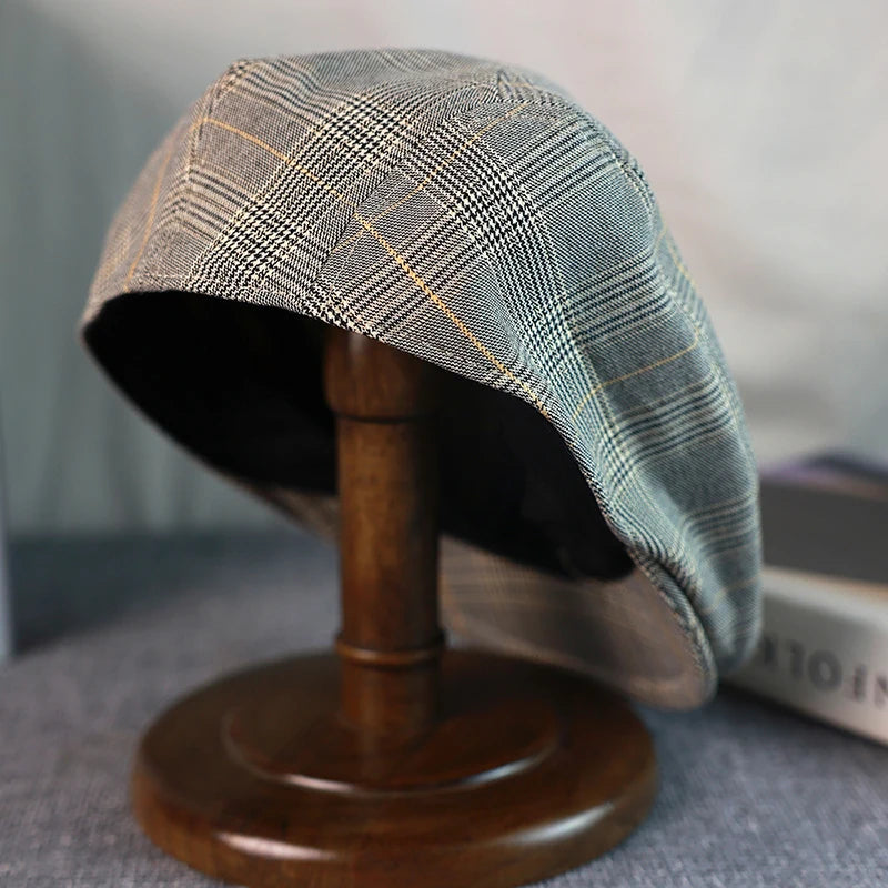 Boina de Linho e Algodão Xadrez Cinza Viterbo  - Estilo Gatsby Vintage, Flat Cap