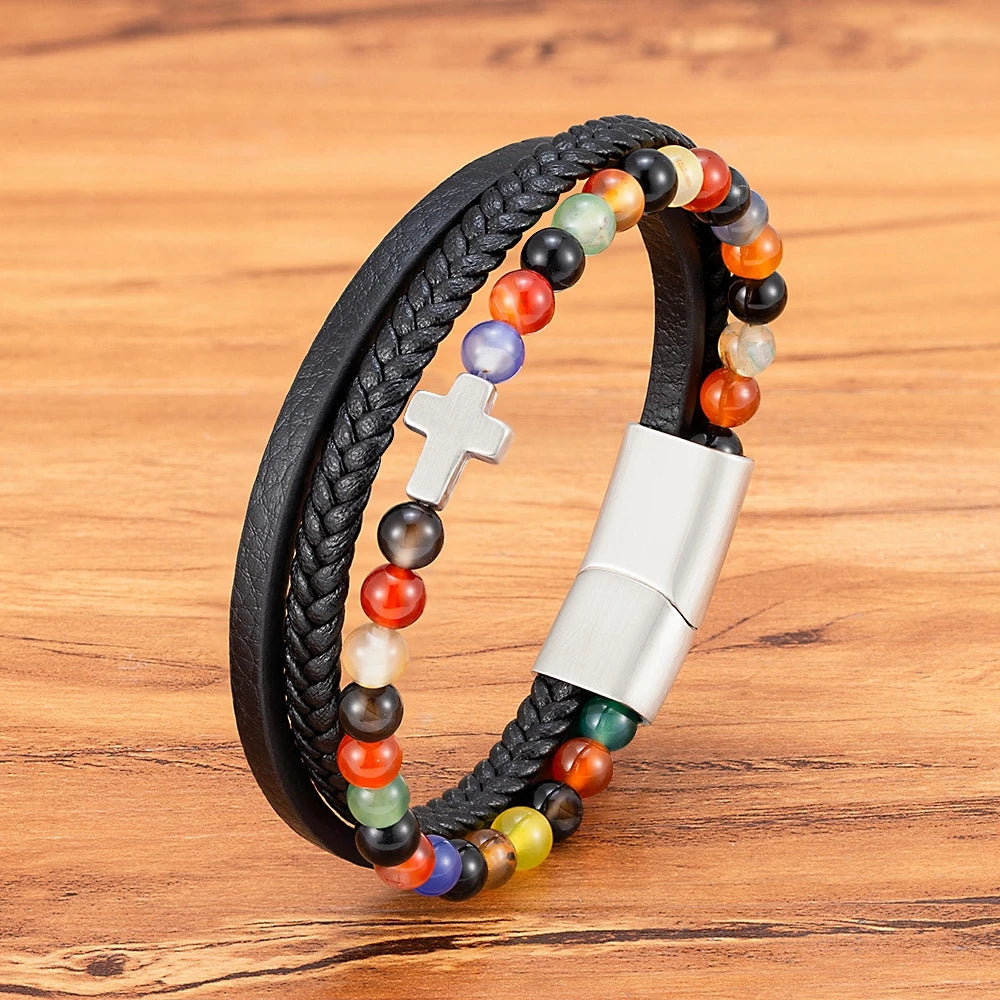 Pulseira Multilayer com Cruz – Couro Multicamadas e Fecho Magnético Masculino