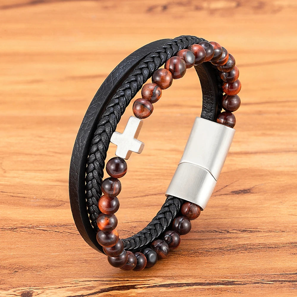 Pulseira Multilayer com Cruz – Couro Multicamadas e Fecho Magnético Masculino