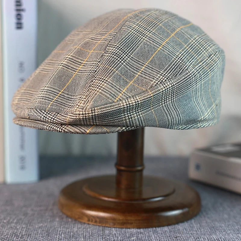 Boina de Linho e Algodão Xadrez Cinza Viterbo  - Estilo Gatsby Vintage, Flat Cap
