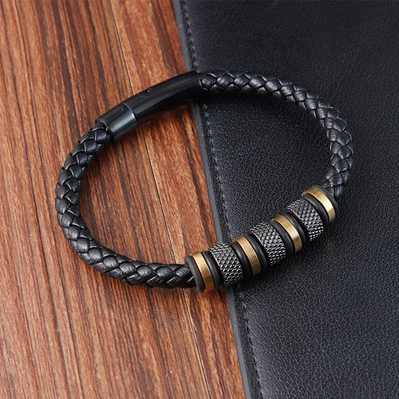 Pulseira Masculina Baetulo – Couro Trançado com Aço Inoxidável e Fecho Magnético Estilo Moderno