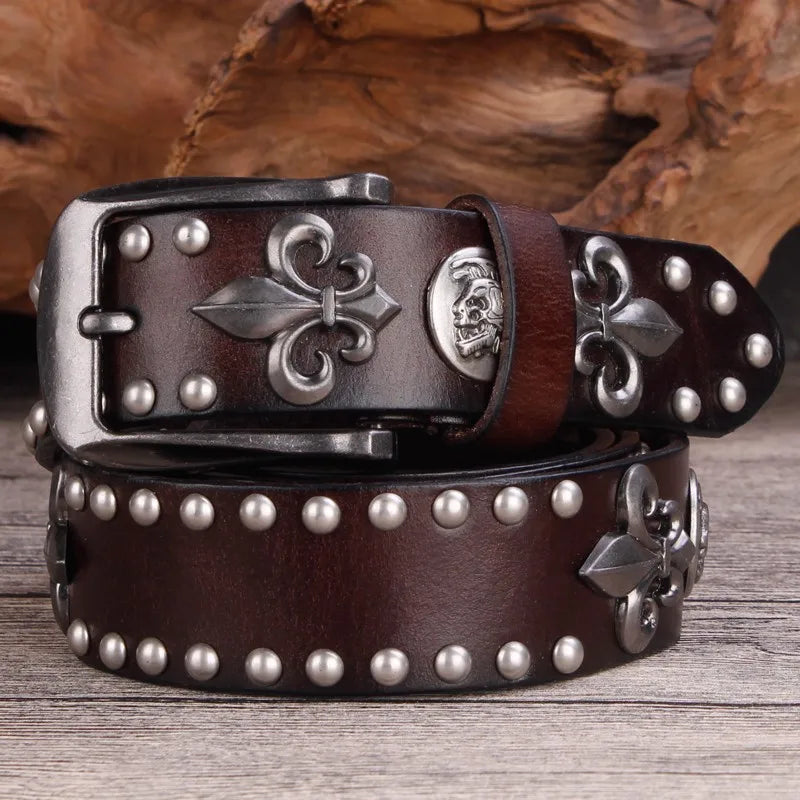 Cinto Cowboy Punk Masculino – Couro Legítimo com Rebites de Metal para Jeans