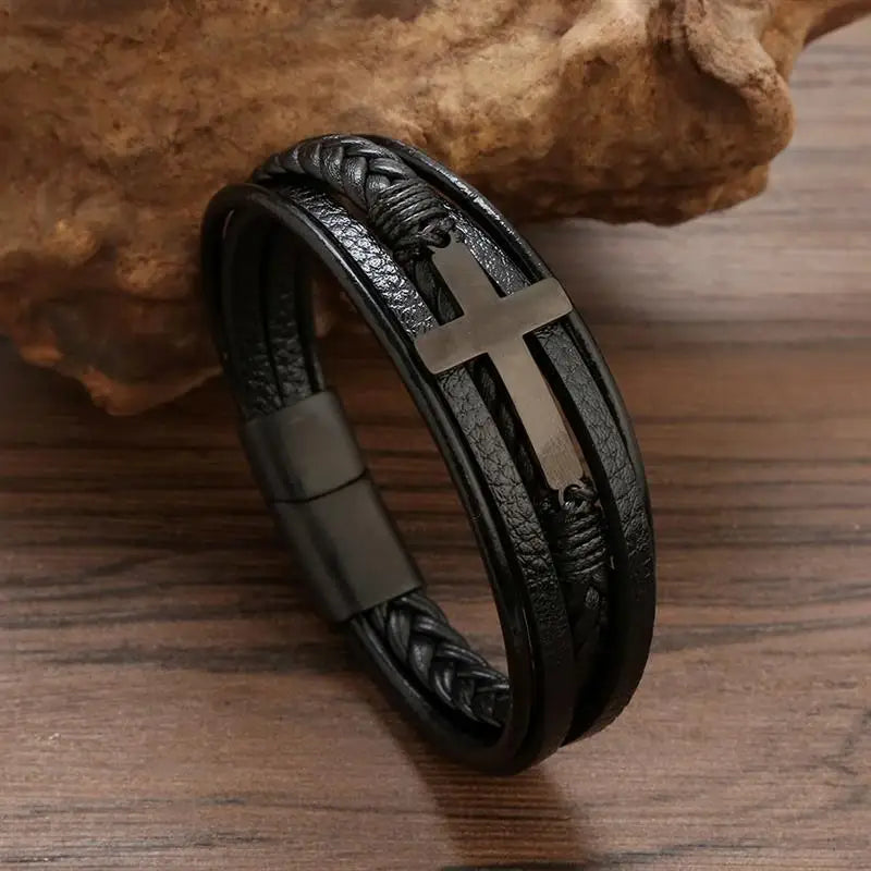Pulseira Masculina Faith – Couro com Aço Inoxidável e Fecho de Gancho Estilo Clássico Redondo