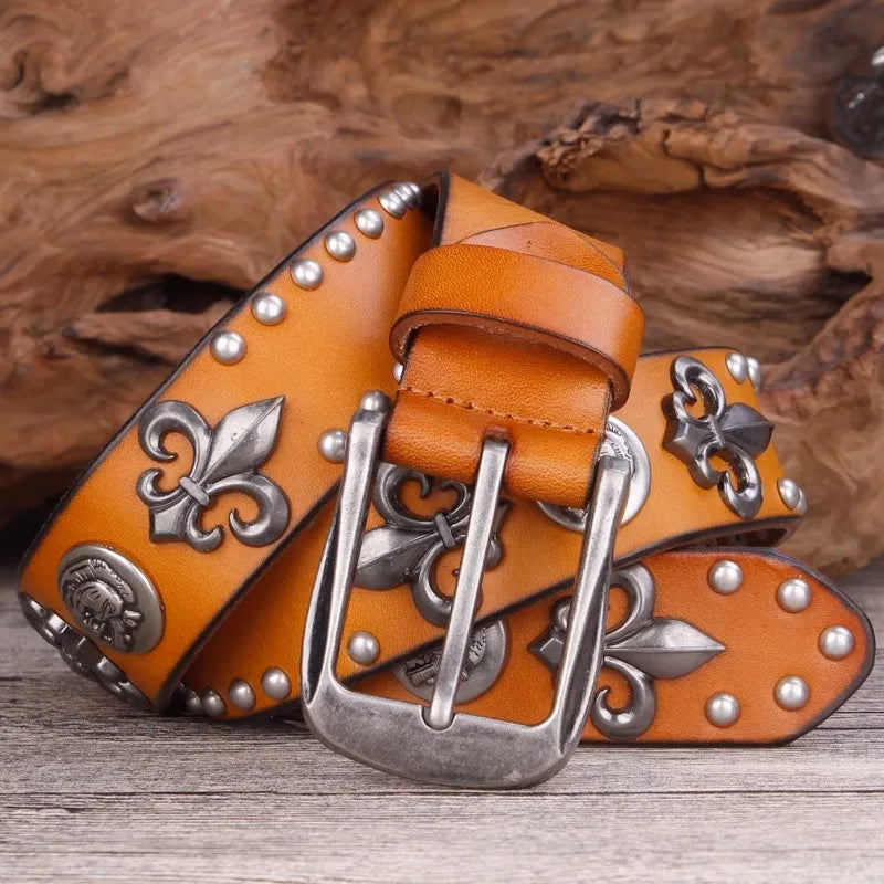 Cinto Cowboy Punk Masculino – Couro Legítimo com Rebites de Metal para Jeans