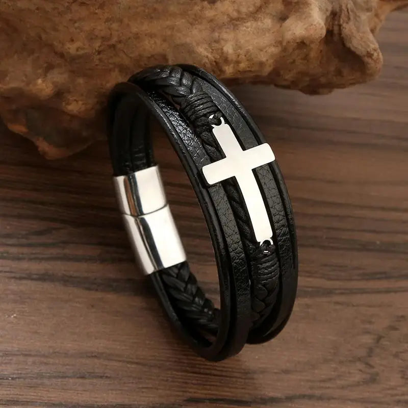 Pulseira Masculina Faith – Couro com Aço Inoxidável e Fecho de Gancho Estilo Clássico Redondo